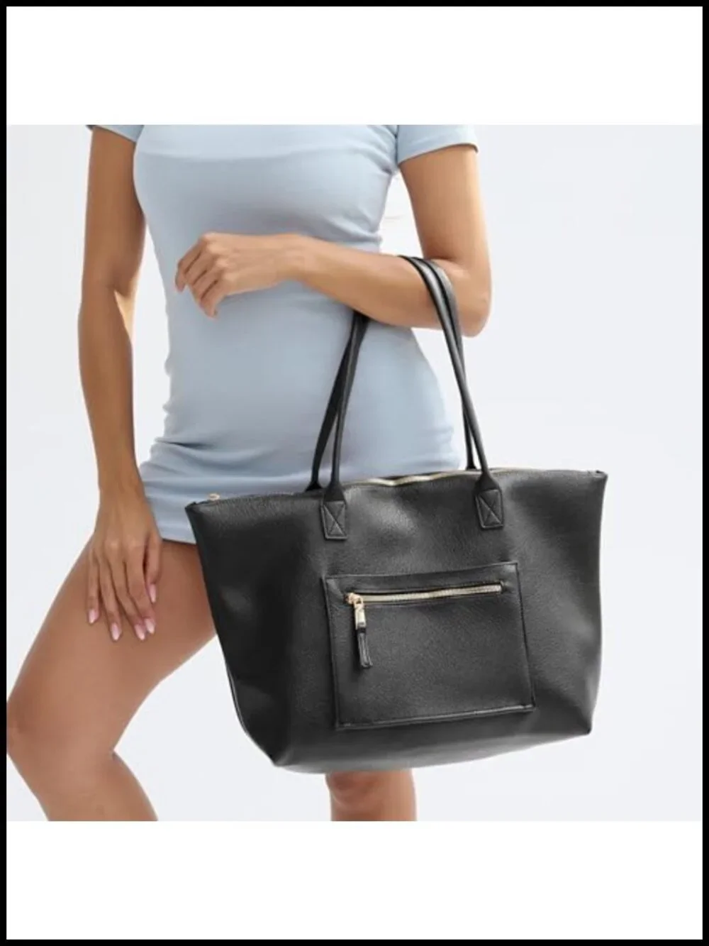 Large Vegan Leather Tote Bag with Zipper and Luggage Sleeve